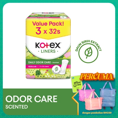 KOTEX Regular Scented Pantyliner 15cm (32s x 3 Packs) - Odor Care with Daun Sirih Extract Liners
