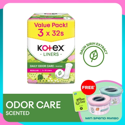KOTEX Regular Scented Pantyliner 15cm (32s x 3 Packs) - Odor Care with Daun Sirih Extract Liners