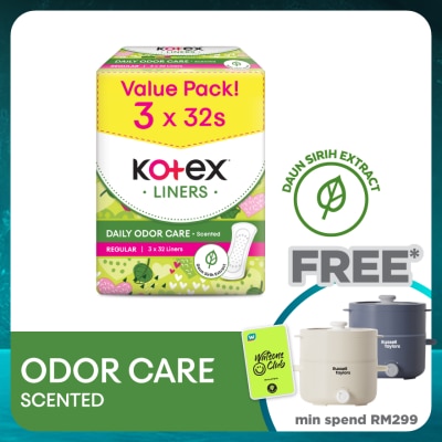 KOTEX Regular Scented Pantyliner 15cm (32s x 3 Packs) - Odor Care with Daun Sirih Extract Liners