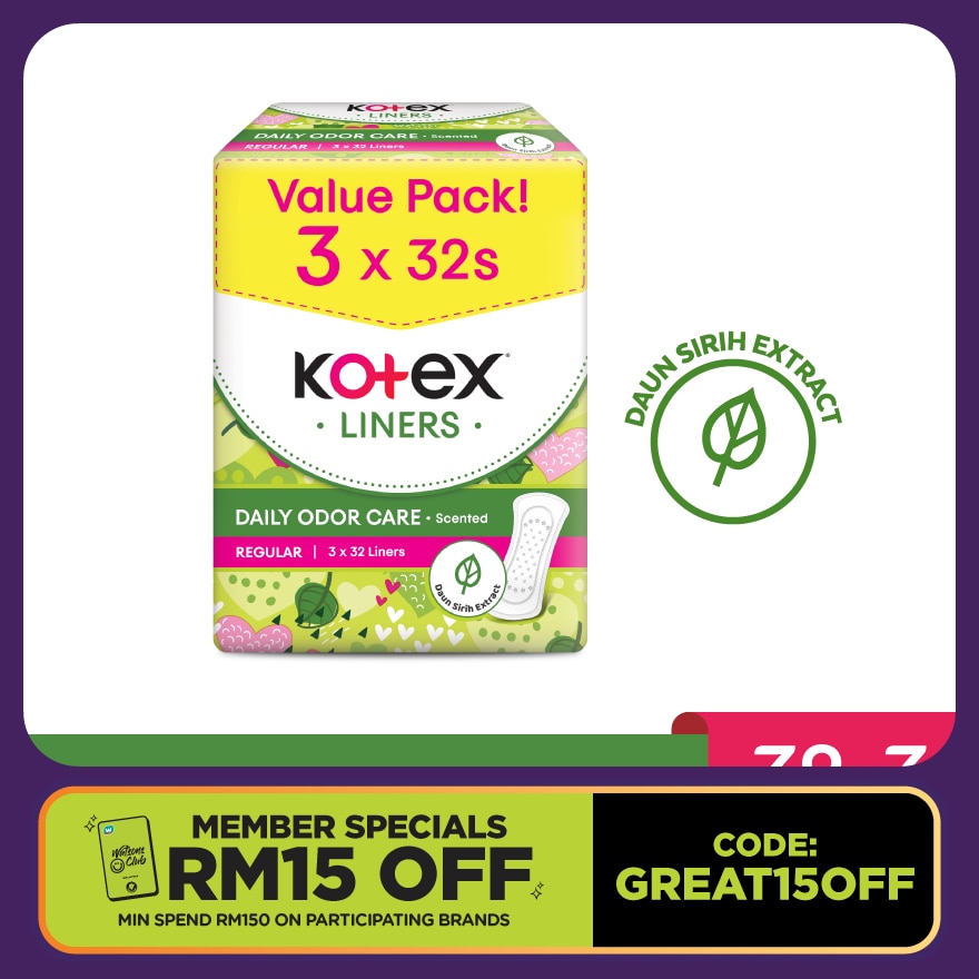 Regular Scented Pantyliner 15cm (32s x 3 Packs) - Odor Care with Daun Sirih Extract Liners