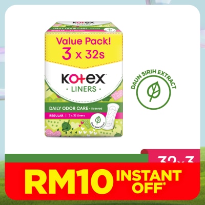 KOTEX Regular Scented Pantyliner 15cm (32s x 3 Packs) - Odor Care with Daun Sirih Extract Liners