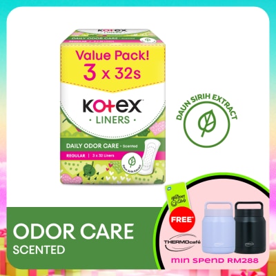 KOTEX - Regular Scented Pantyliner 15cm (32s x 3 Packs) - Odor Care with Daun Sirih Extract Liners