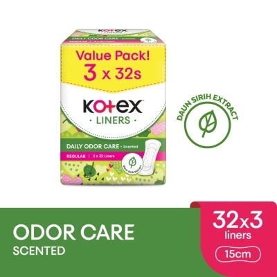 KOTEX Regular Scented Pantyliner 15cm (32s x 3 Packs) - Odor Care with Daun Sirih Extract Liners