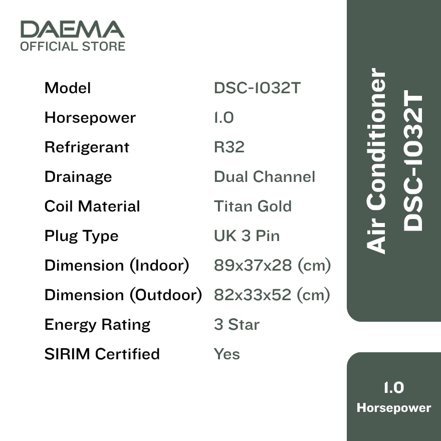 DAEMA 1.0HP Wall Mounted Air Conditioner DSC-1032T