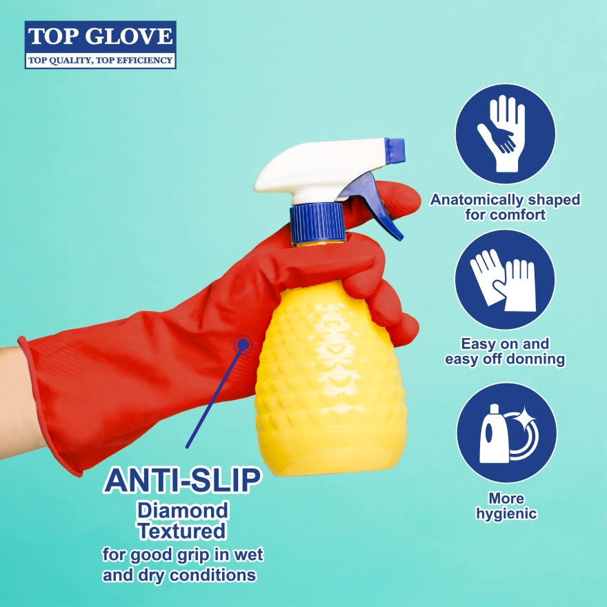 Top Glove Reusable Latex Household Glove for Dishwashing/ Multipurpose Use Red, M