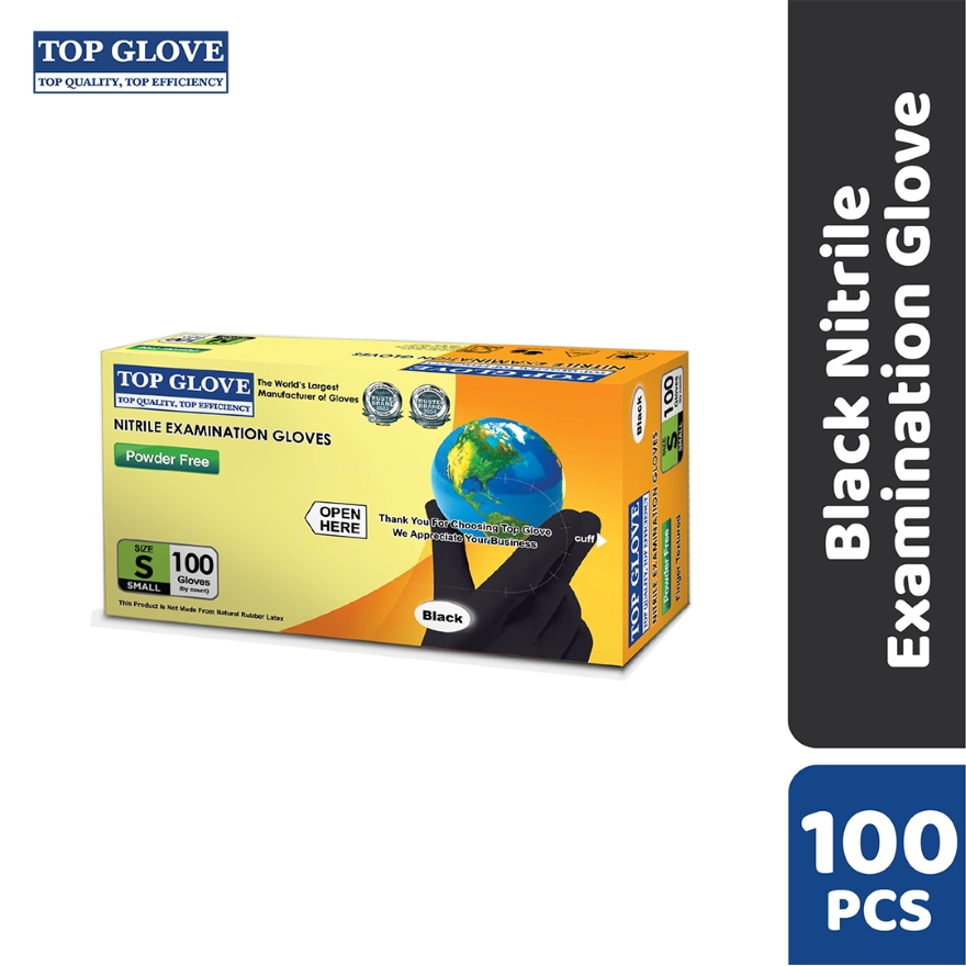 Top Glove Nitrile Examination Powder Free Glove, Black, S