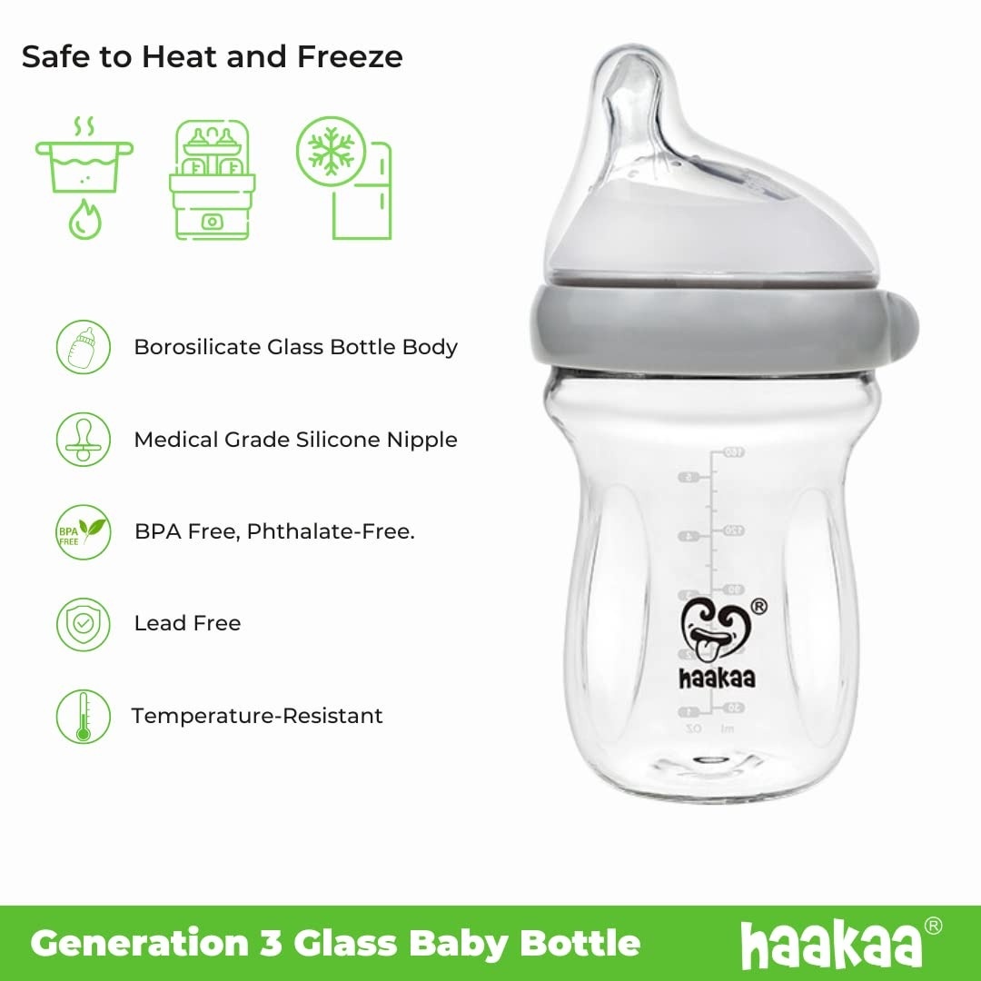Haakaa Gen 3 Glass Baby Bottle 180ml (6m+) - Grey