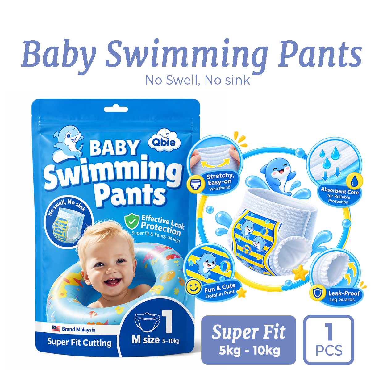 Qbie Baby Swimming Diapers - M size ( 5kg-10kg ) image