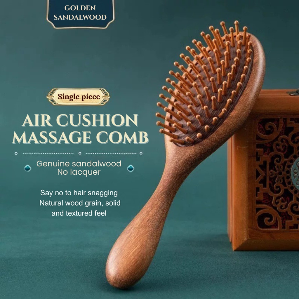 JORGANIC Sandalwood Air Cushion Massage Comb – Anti-Static Wooden Paddle Brush For Scalp Care & Long Hair