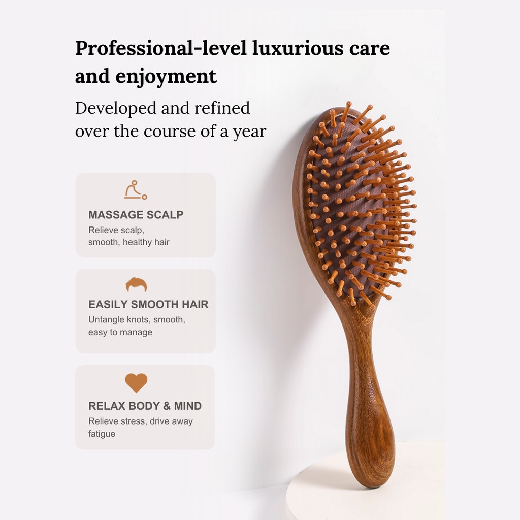 JORGANIC Sandalwood Air Cushion Massage Comb – Anti-Static Wooden Paddle Brush For Scalp Care & Long Hair