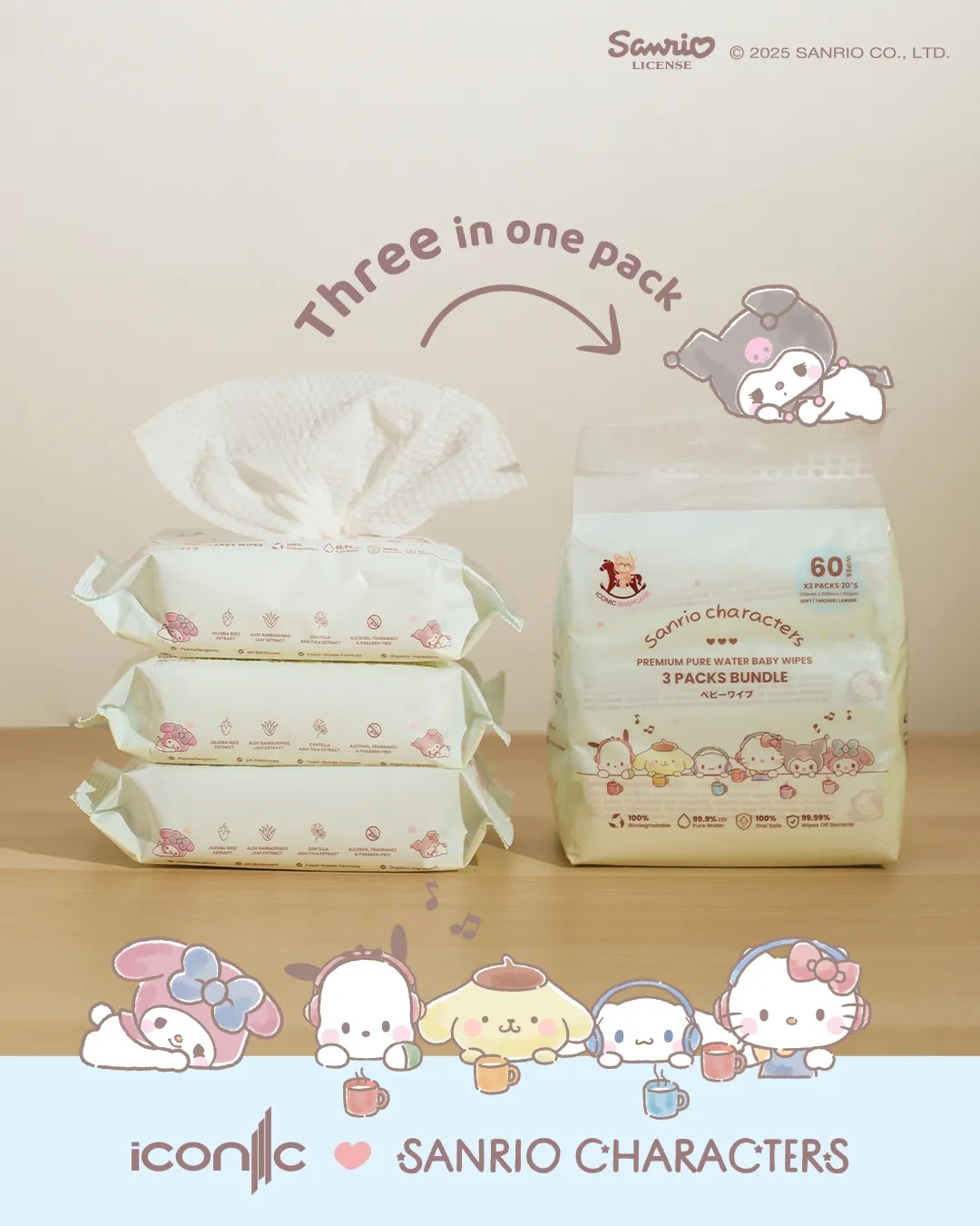 Sanrio Baby Wipes Sanrio Characters 20'S x 3