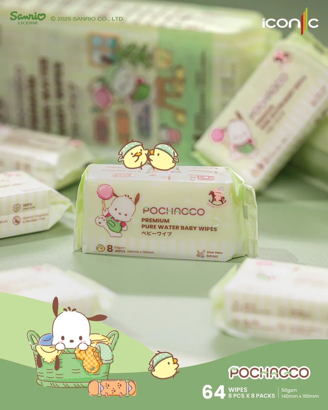 Sanrio Baby Wipes Pochacco 8'S x 8 [Pocket-Sized]